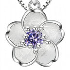 925 Sterling Silver Peach Blossom Necklace – Elegant Floral Crystals Accent