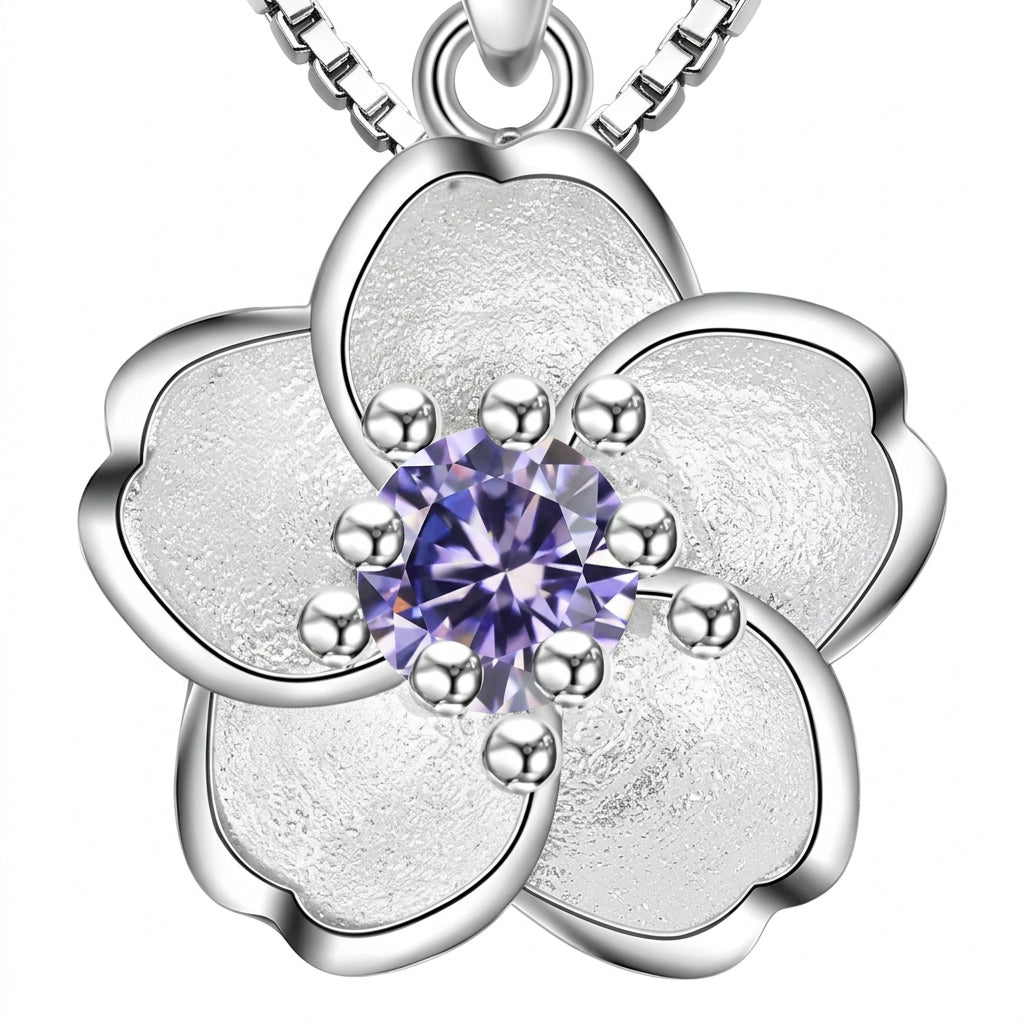 925 Sterling Silver Peach Blossom Necklace – Elegant Floral Crystals Accent