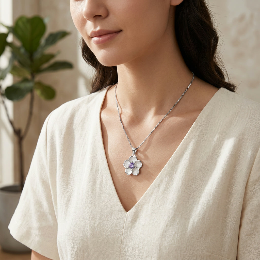 925 Sterling Silver Peach Blossom Necklace – Elegant Floral Crystals Accent