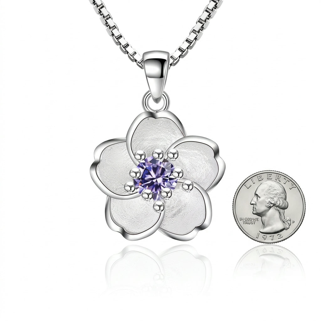 925 Sterling Silver Peach Blossom Necklace – Elegant Floral Crystals Accent
