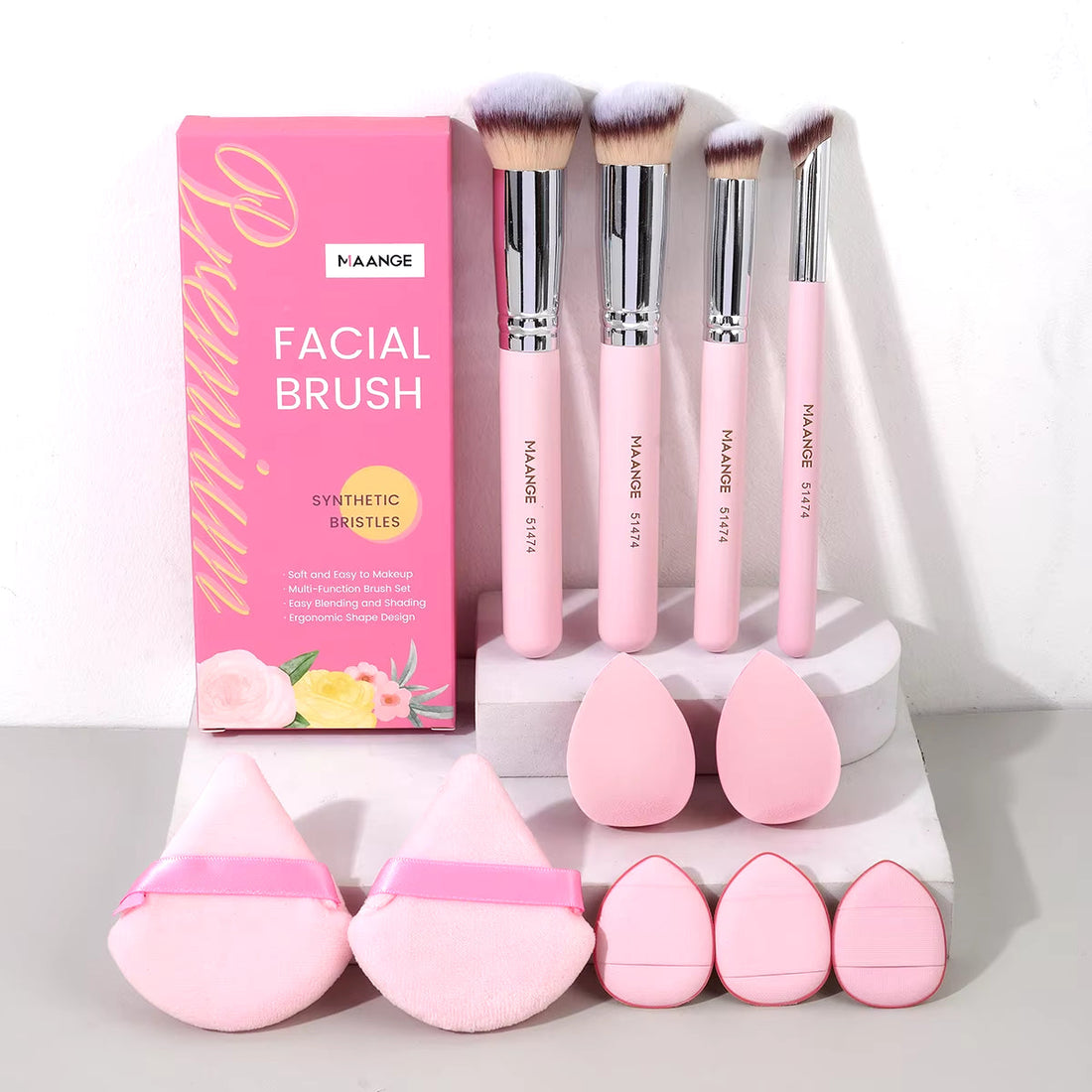  11PCS Makeup Kit: 4 Brushes, Powder Puff, Sponge, Air Cushion