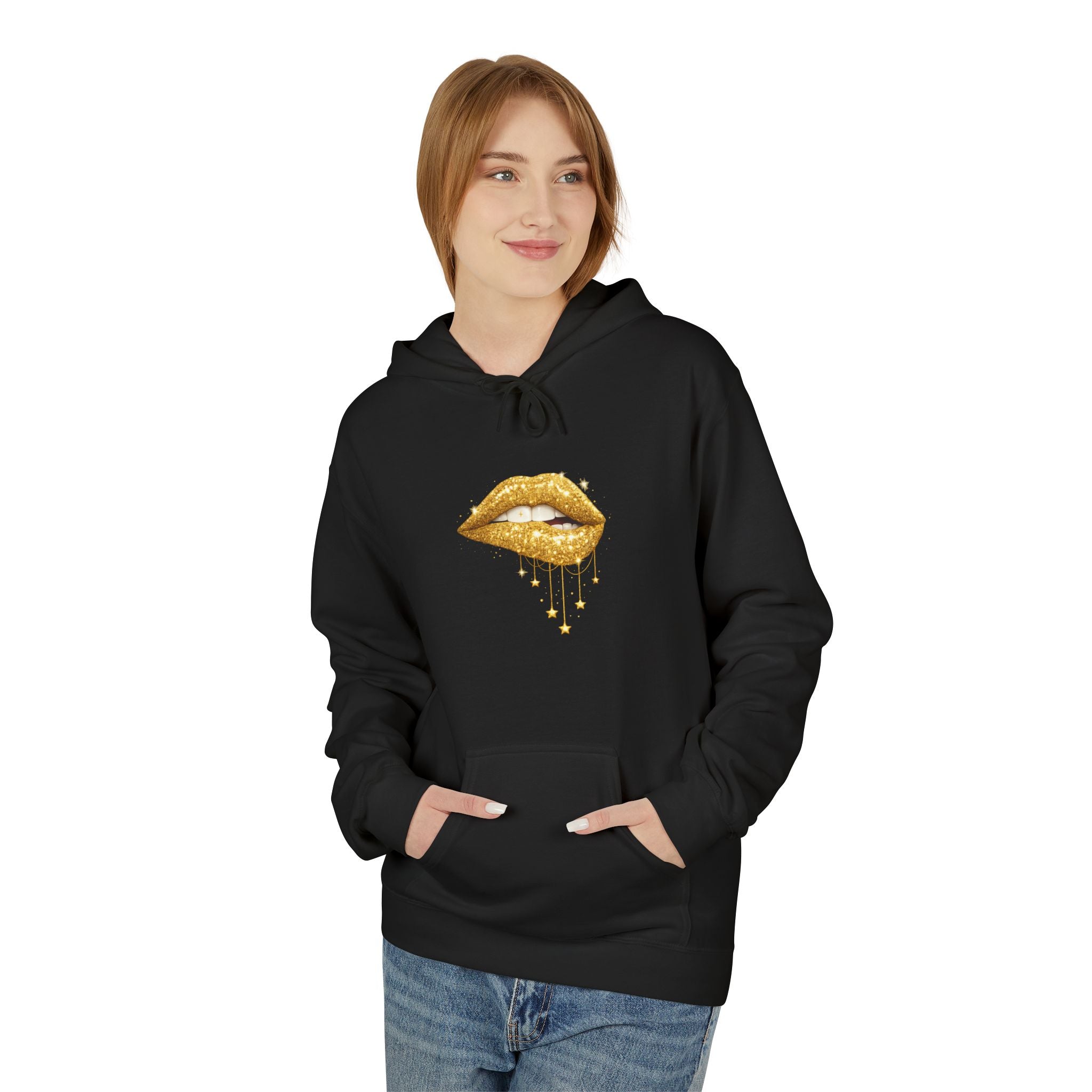 Gold Drip Lips Hoodie — Metallic Lip Art Pullover