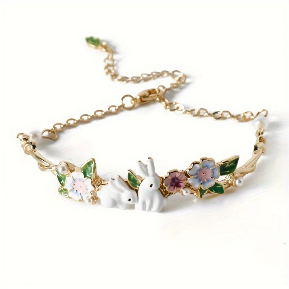 Bunny Charm Bracelet – Cute Pearl Zodiac Design in Alloy