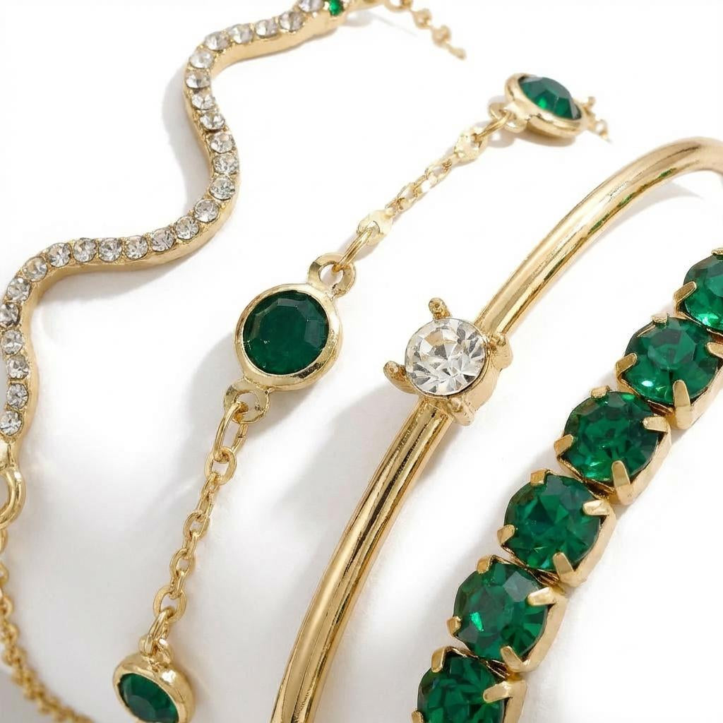 Emerald Crystal Bracelet Set – Geometric Stack (4PCS)
