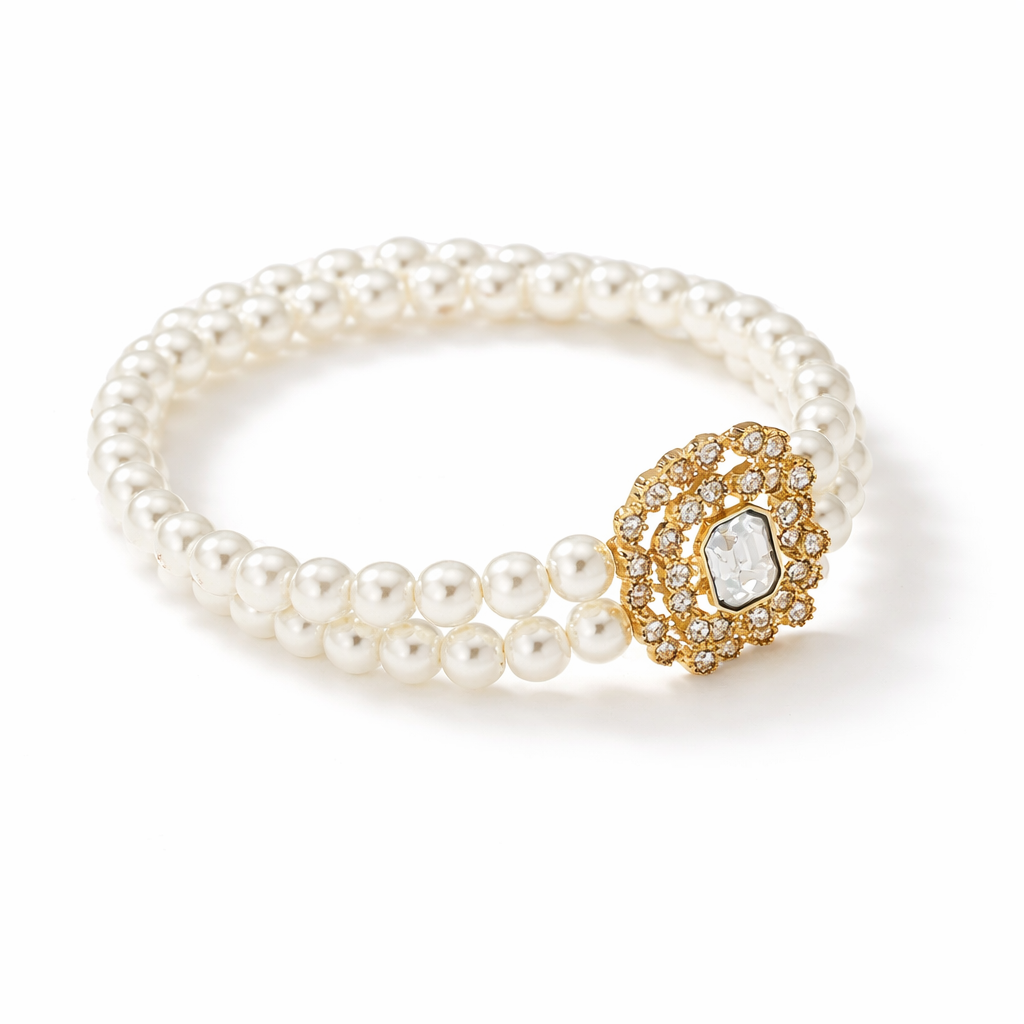 Pearl Layered Anklet – Double Chain Zircon Detail