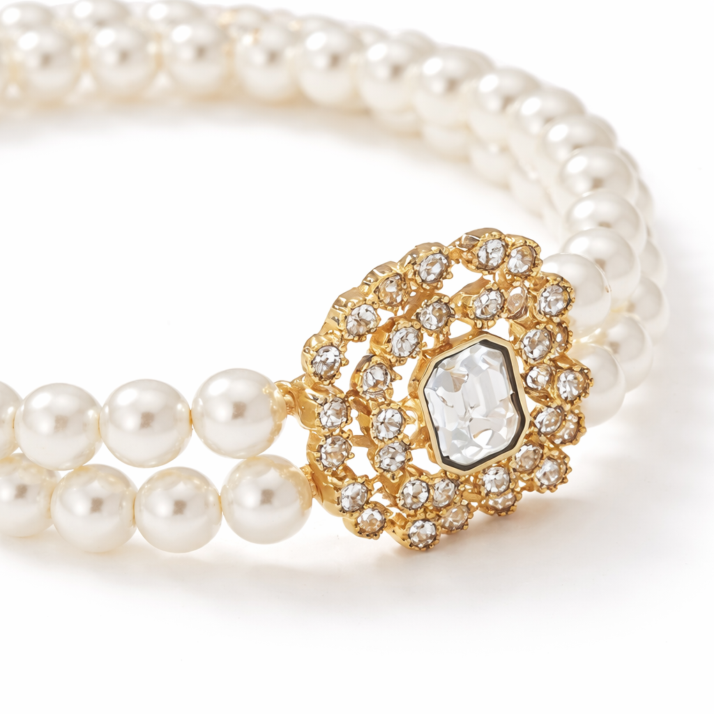 Pearl Layered Anklet – Double Chain Zircon Detail
