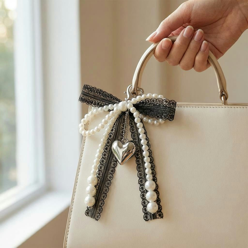 Pearl Bow Keychain – Heart Charm Lace Bag & Car Accessory