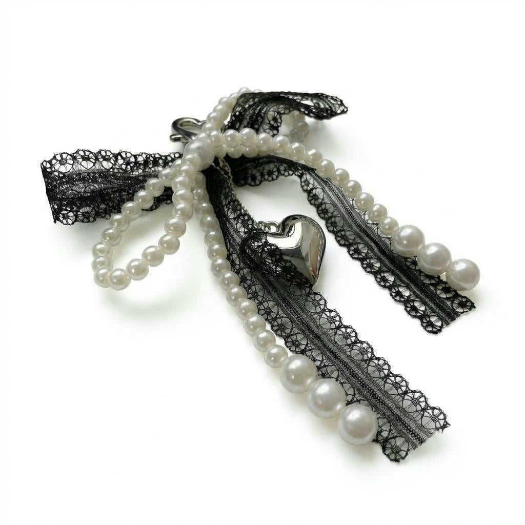 Pearl Bow Keychain – Heart Charm Lace Bag & Car Accessory