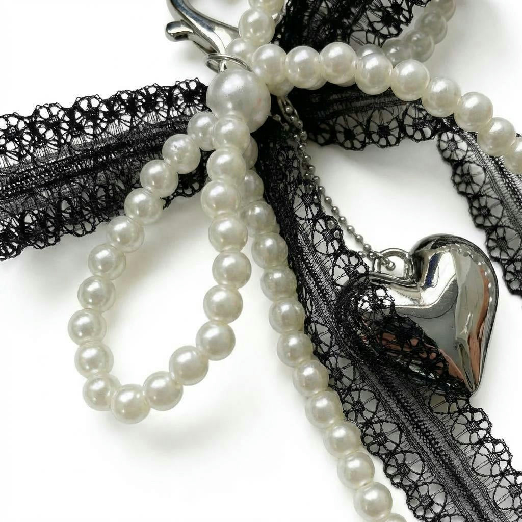 Pearl Bow Keychain – Heart Charm Lace Bag & Car Accessory