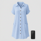 Retro V-Neck Linen Dress – Elegant High Waist Knee-Length