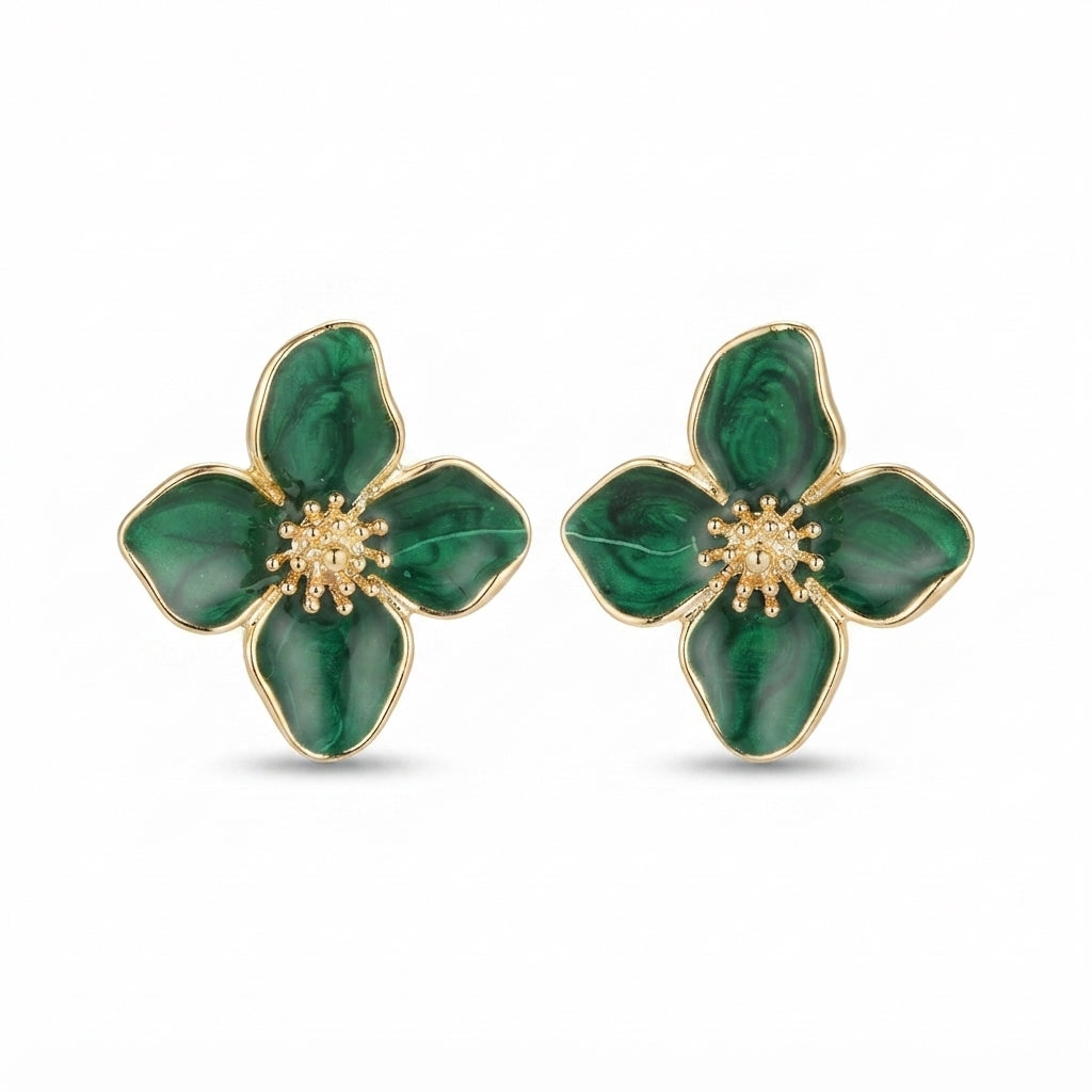 Green Flower Earrings – Vintage Charm & Drip Glaze Finish