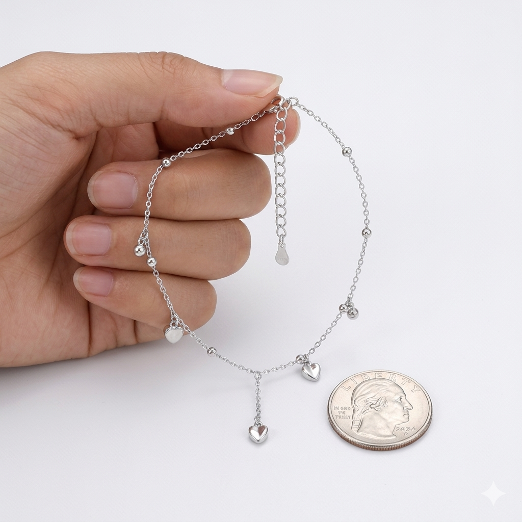 Sterling Silver Tassel Anklet – Elegant Heart Chain Accent
