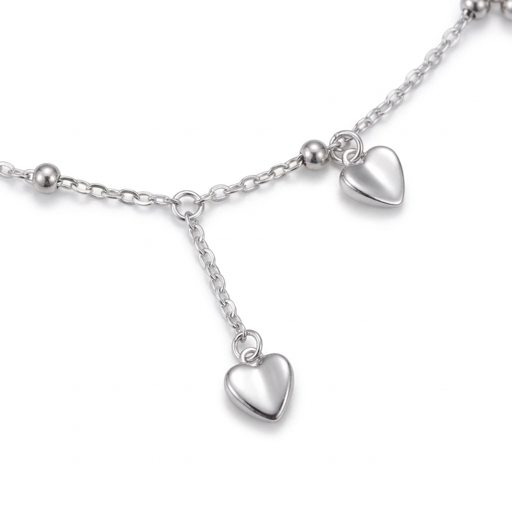 Sterling Silver Tassel Anklet – Elegant Heart Chain Accent