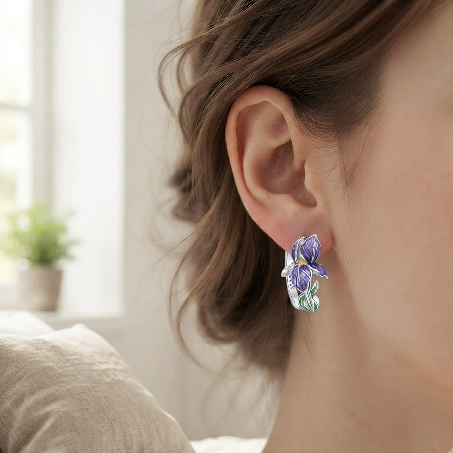 925 Sterling Silver Iris Earrings – Elegant Floral Design with Enamel