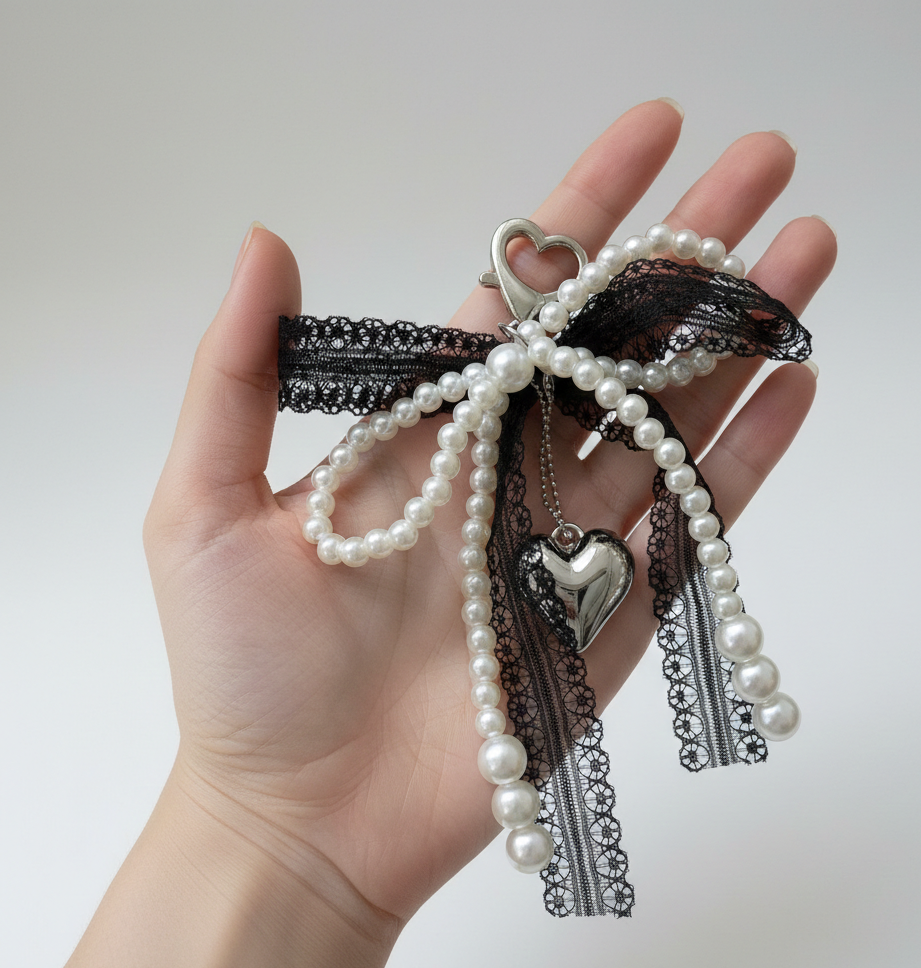 Pearl Bow Keychain – Heart Charm Lace Bag & Car Accessory