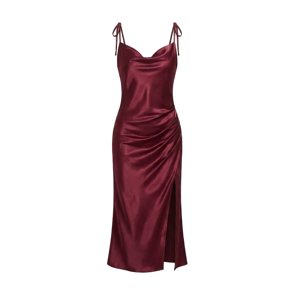 Satin Cowl-Neck Slip Dress – High-Slit Midi for Women