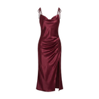Satin Cowl-Neck Slip Dress – High-Slit Midi for Women