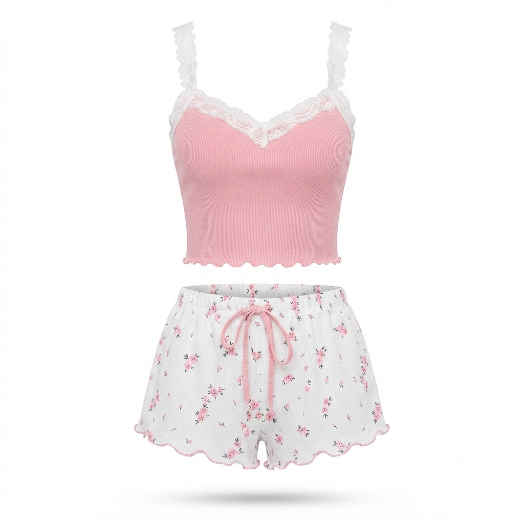 Lace Trim Pajama Set – Cozy Comfort with Soft Two-Piece Loungewear