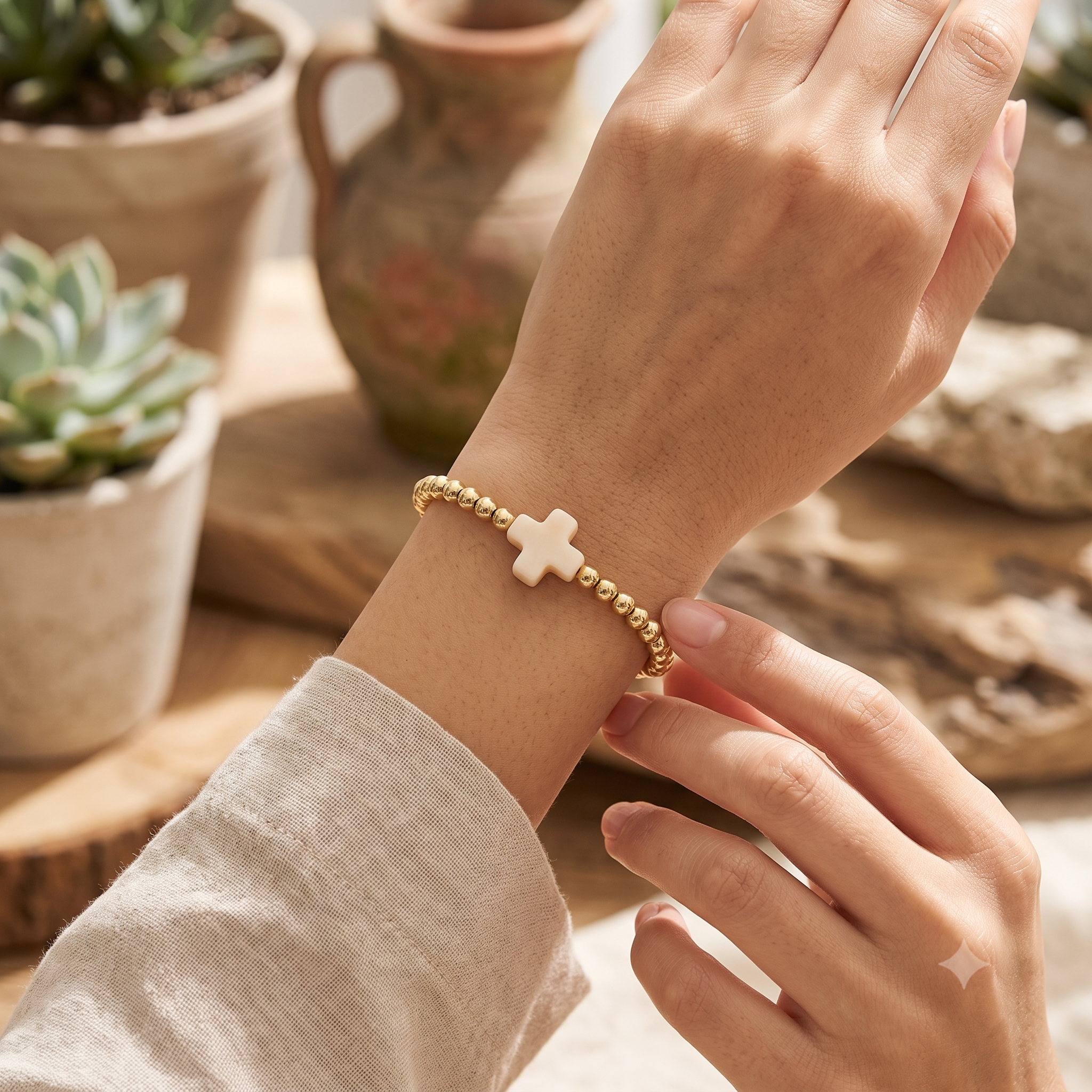 Patriotic Cross Bracelet – Independence Day Style with Gold Beads