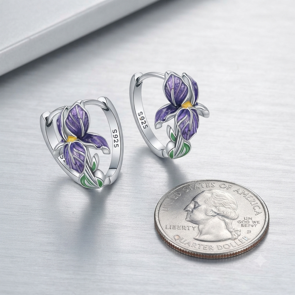 925 Sterling Silver Iris Earrings – Elegant Floral Design with Enamel