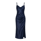 Satin Cowl-Neck Slip Dress – High-Slit Midi for Women