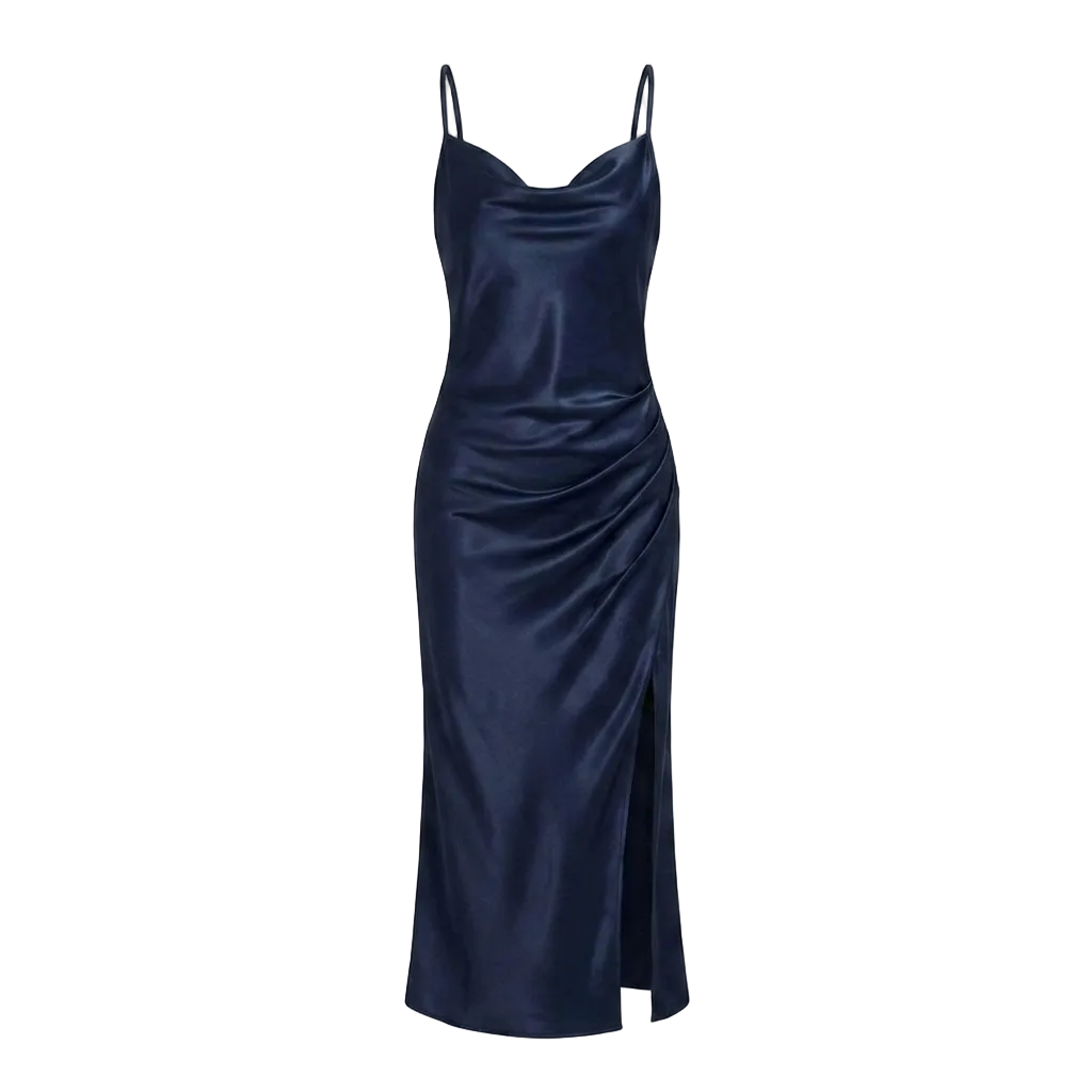 Satin Cowl-Neck Slip Dress – High-Slit Midi for Women