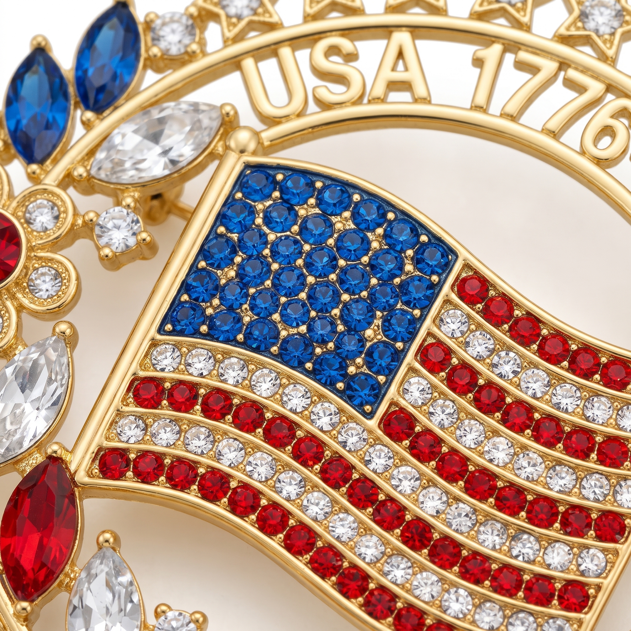 American Flag Brooch – Rhinestone Floral Patriotic Lapel Pin 1776-2026