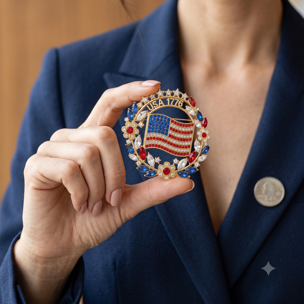 American Flag Brooch – Rhinestone Floral Patriotic Lapel Pin 1776-2026