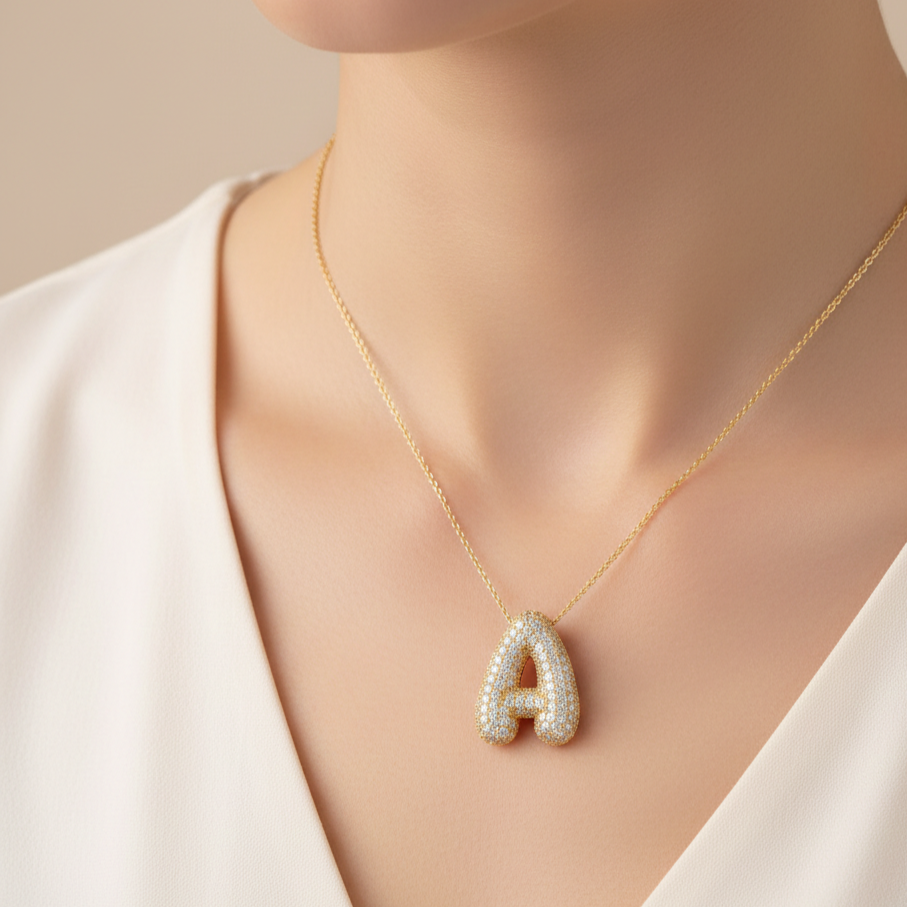 Gold Bubble Letter Necklace A-Z, Sparkly Zircon Initial Pendant