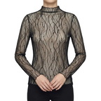 Sheer Lace Mesh Blouse – High-Neck Long-Sleeve Top for Women