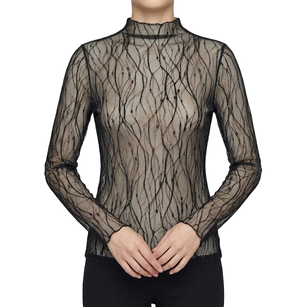 Sheer Lace Mesh Blouse – High-Neck Long-Sleeve Top for Women