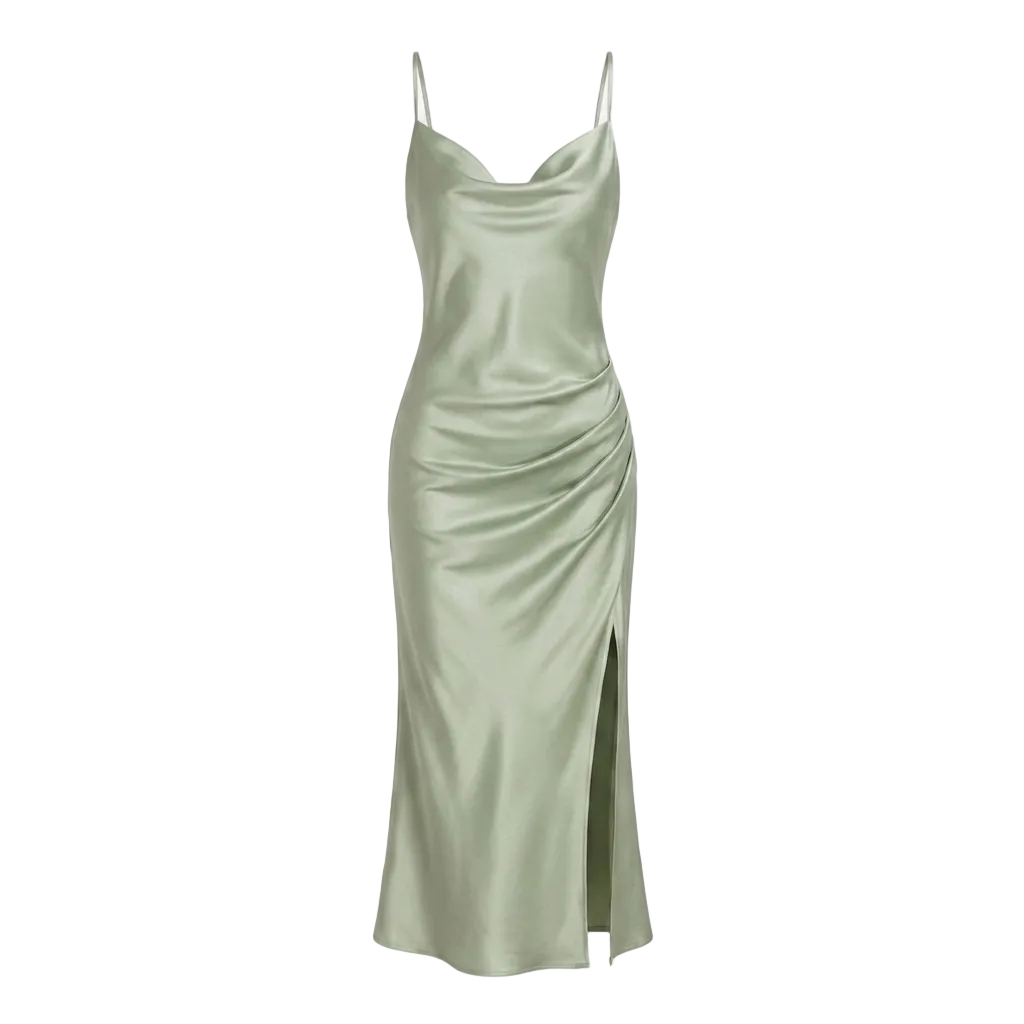 Satin Cowl-Neck Slip Dress – High-Slit Midi for Women
