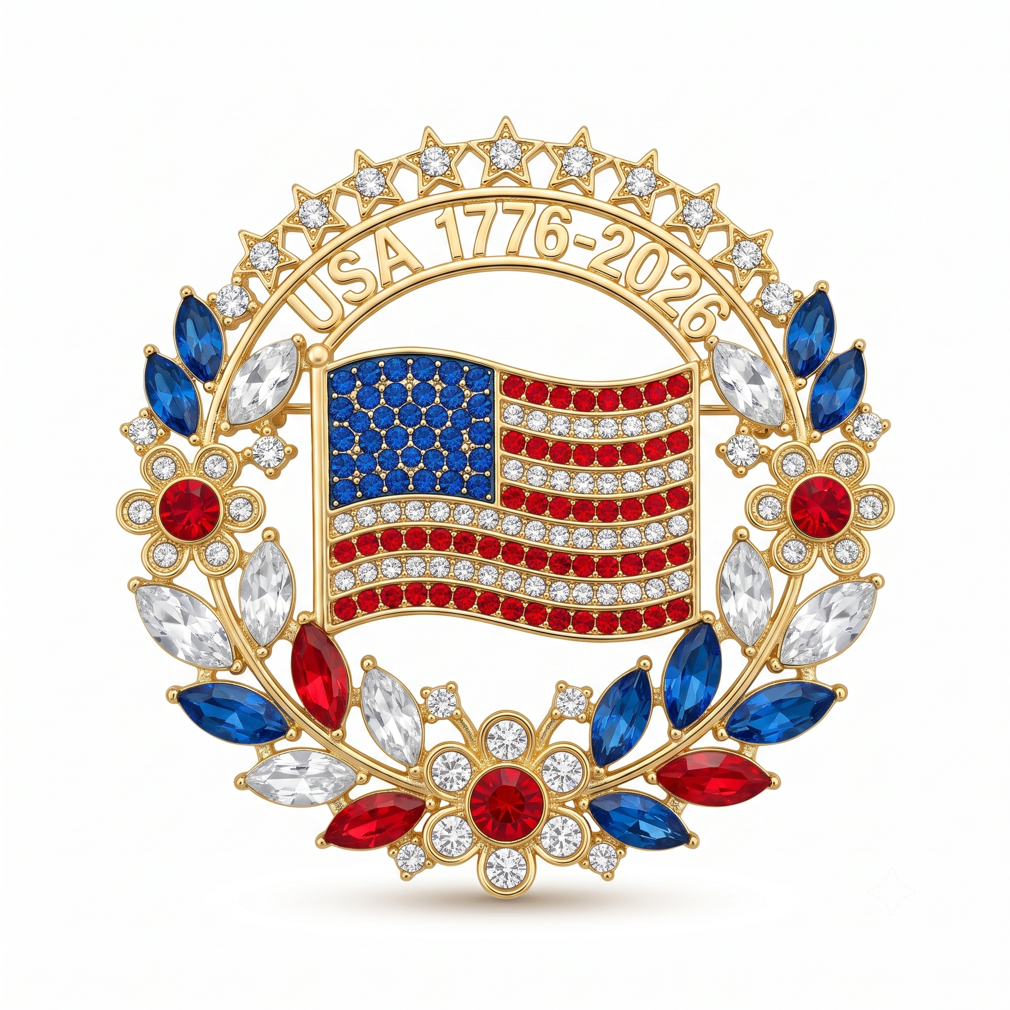 American Flag Brooch – Rhinestone Floral Patriotic Lapel Pin 1776-2026