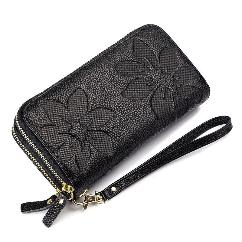 Genuine Leather Long Wallet – Chic Double Zipper