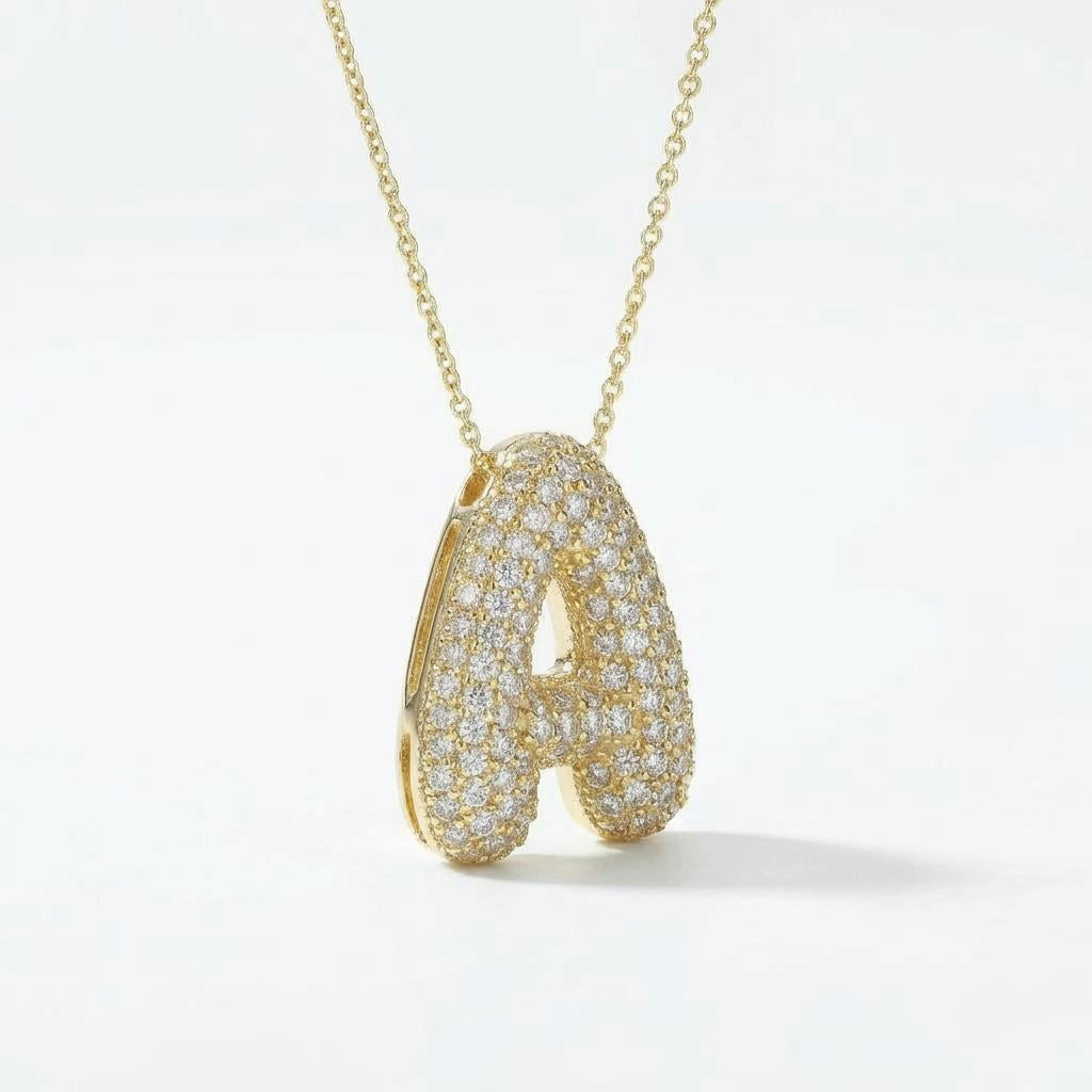 Gold Bubble Letter Necklace A-Z, Sparkly Zircon Initial Pendant
