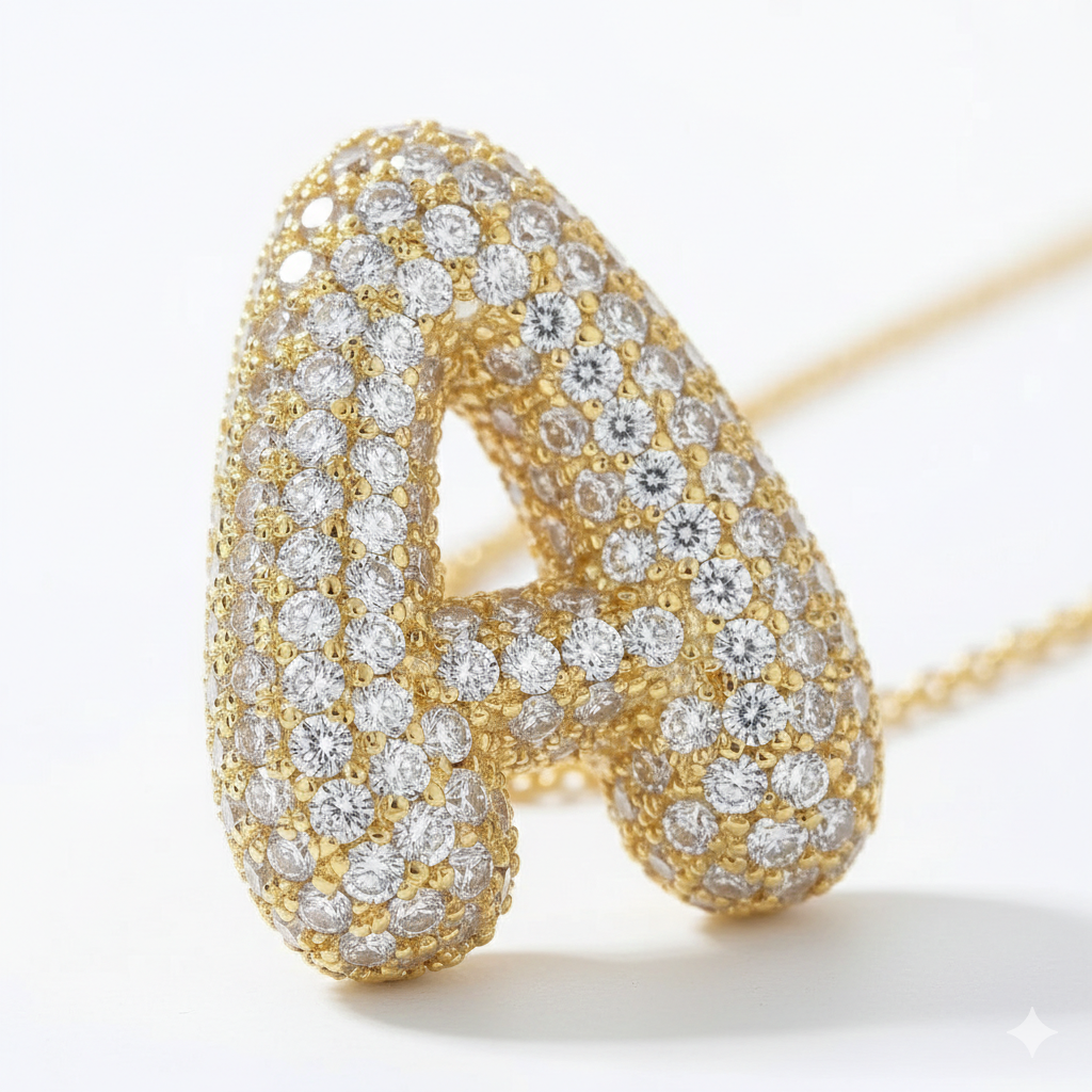Gold Bubble Letter Necklace A-Z, Sparkly Zircon Initial Pendant