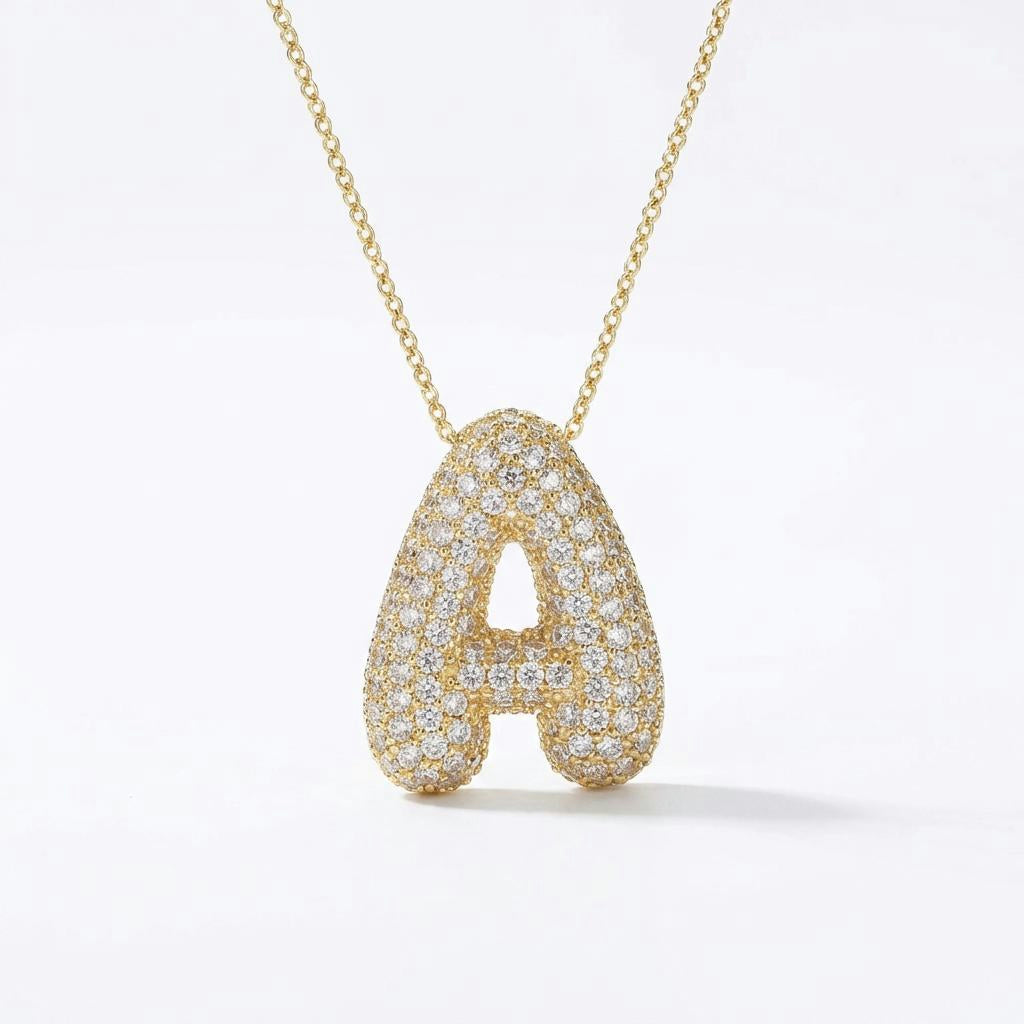 Gold Bubble Letter Necklace A-Z, Sparkly Zircon Initial Pendant