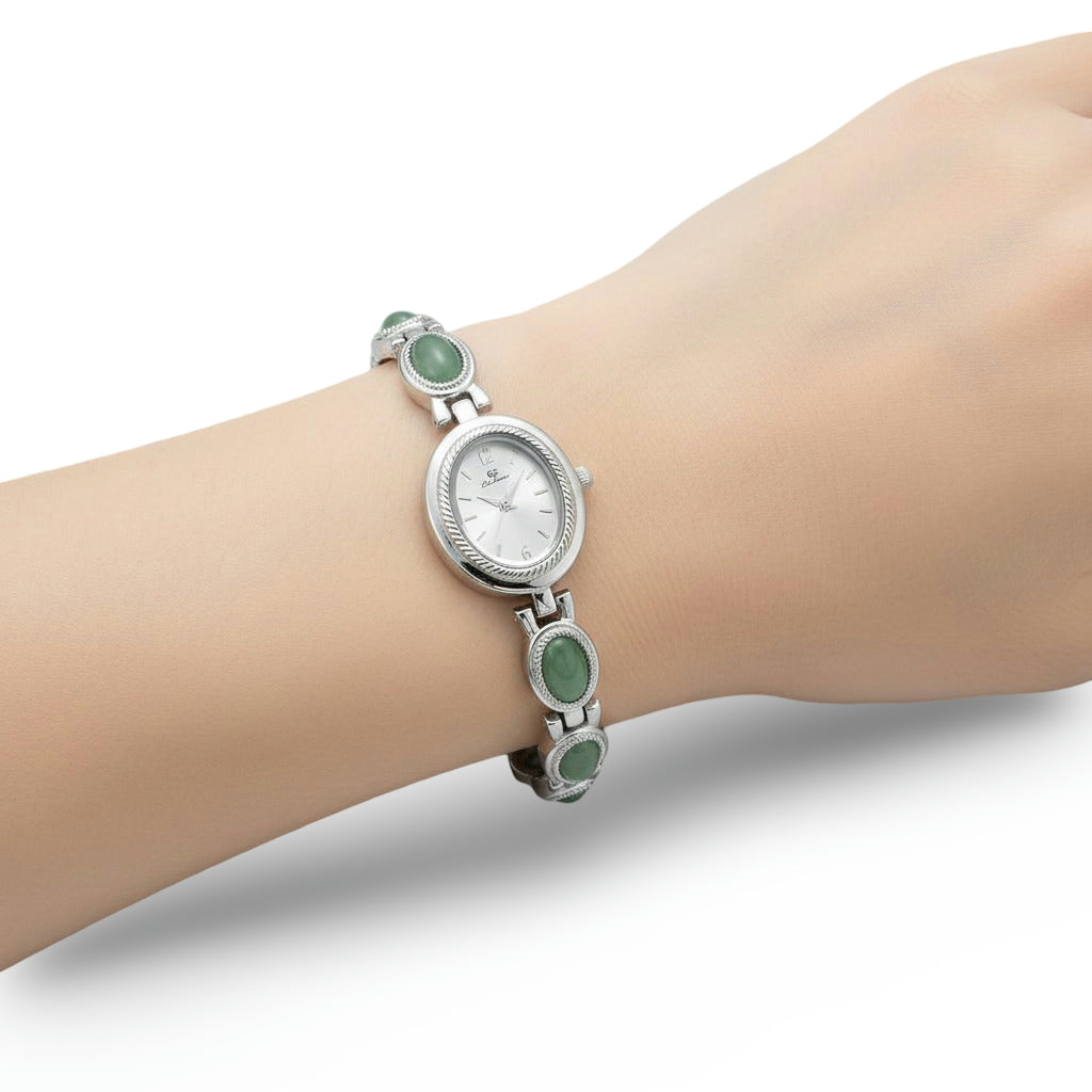 Green Jade Oval Bracelet Watch Elegant Quartz Alloy (Women)