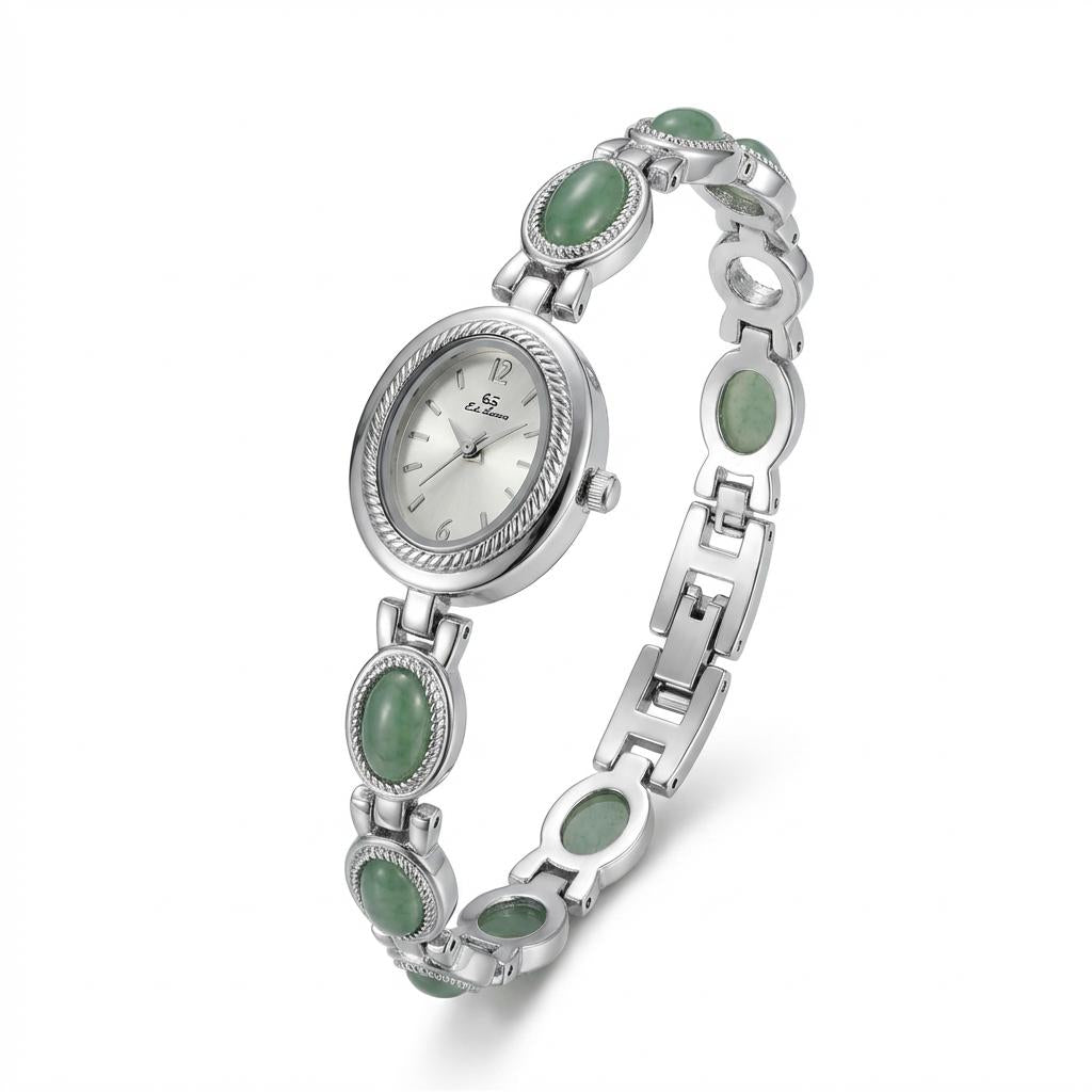 Green Jade Oval Bracelet Watch Elegant Quartz Alloy (Women)
