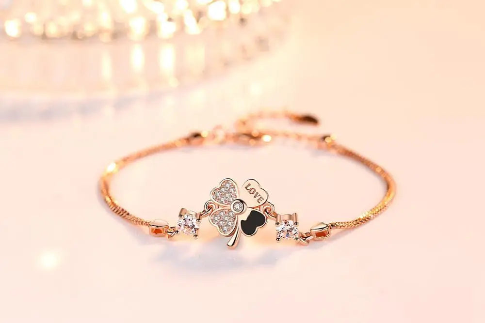925 Silver CZ Lucky Four Leaf Bracelet Gift for Women Girls
