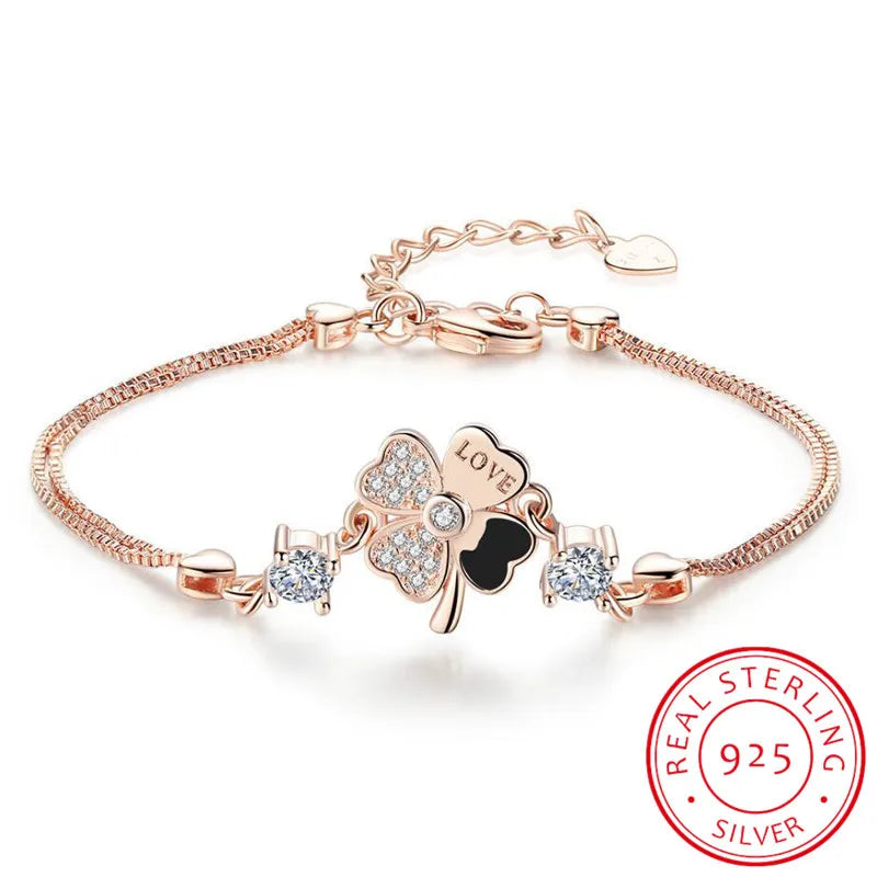 925 Silver CZ Lucky Four Leaf Bracelet Gift for Women Girls
