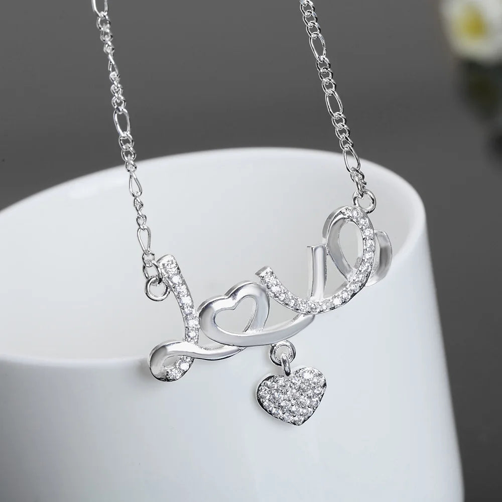 925 Silver 18'' Heart AAA Zircon Pendant Necklace for Women