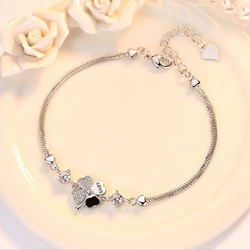 925 Silver CZ Lucky Four Leaf Bracelet Gift for Women Girls