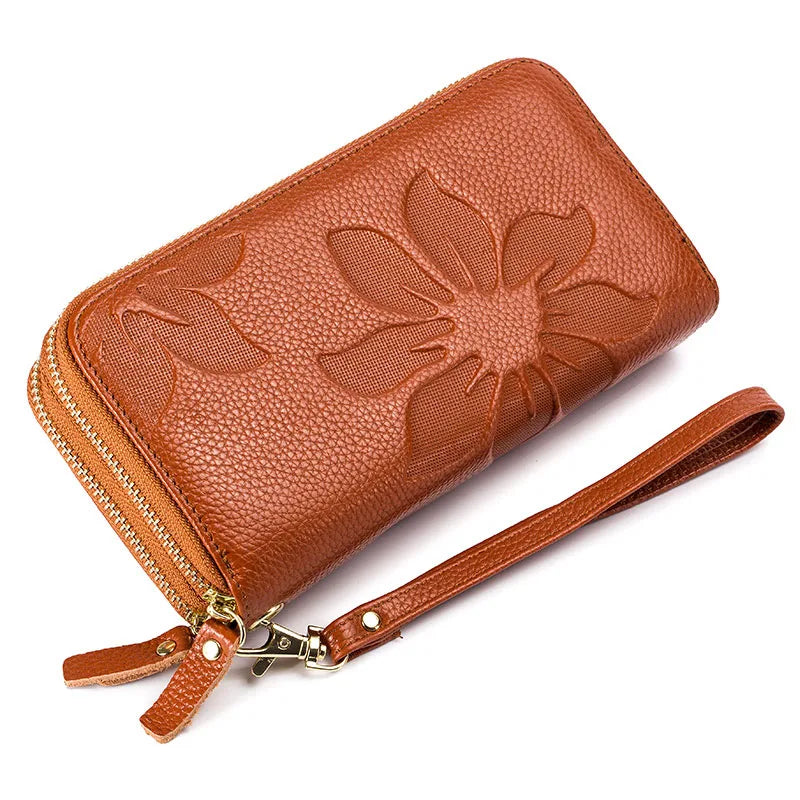 Long Wallet in Genuine Leather Women's Double Zipper Style