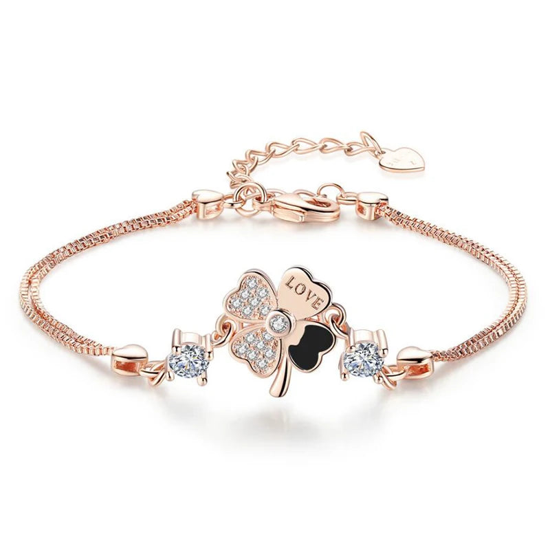 925 Silver CZ Lucky Four Leaf Bracelet Gift for Women Girls
