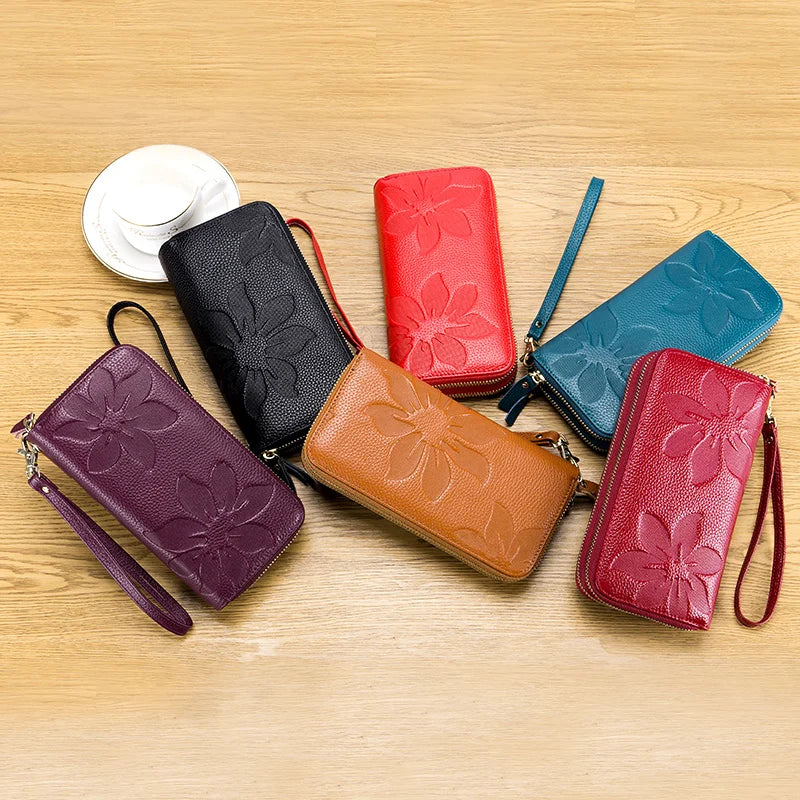 Long Wallet in Genuine Leather Women's Double Zipper Style
