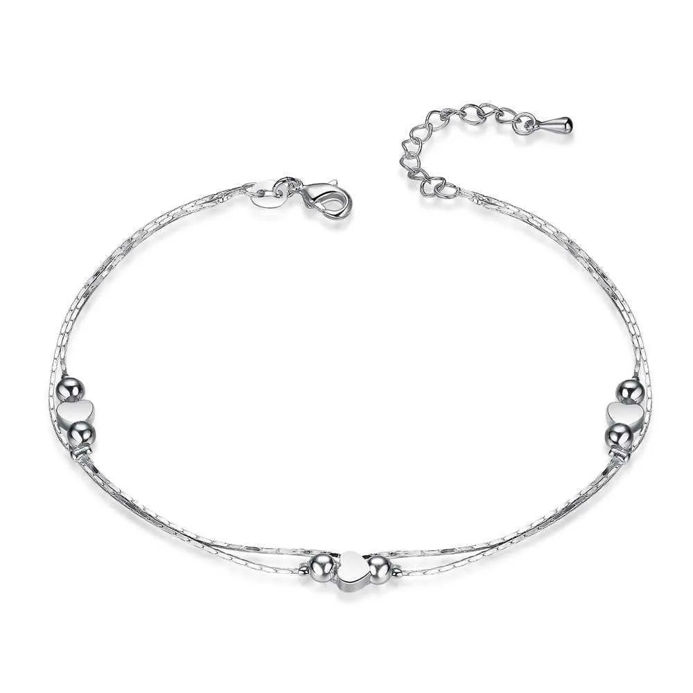 Heart-Shaped 925 Silver Anklet Bracelet – Women's Fashion Jewelry