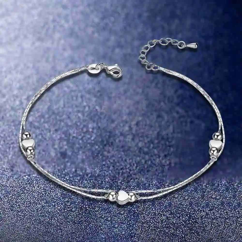 Heart-Shaped 925 Silver Anklet Bracelet – Women's Fashion Jewelry