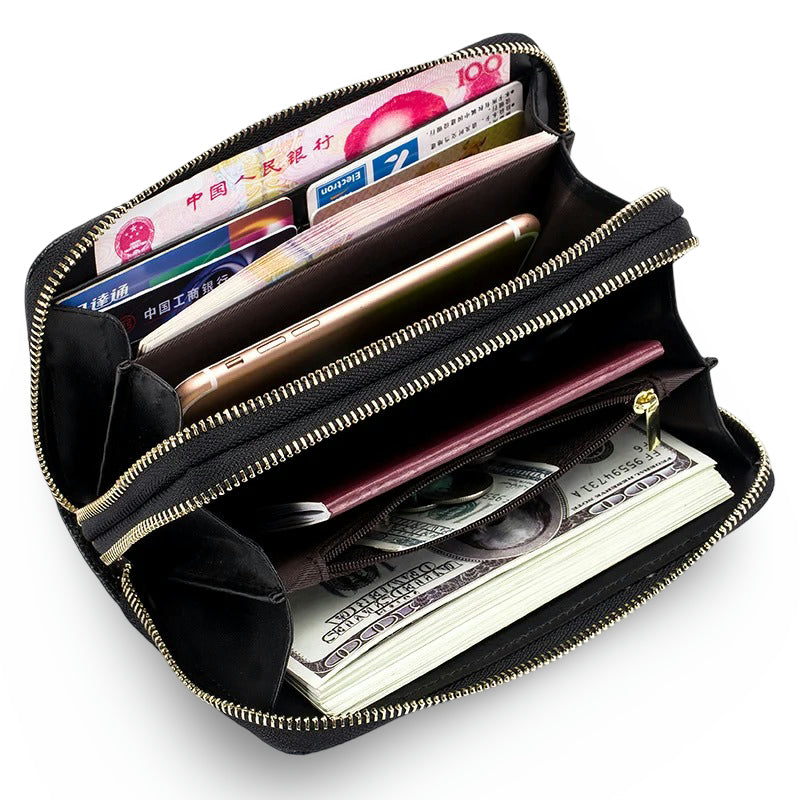 Genuine Leather Long Wallet – Chic Double Zipper