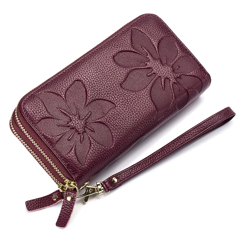 Long Wallet in Genuine Leather Women's Double Zipper Style